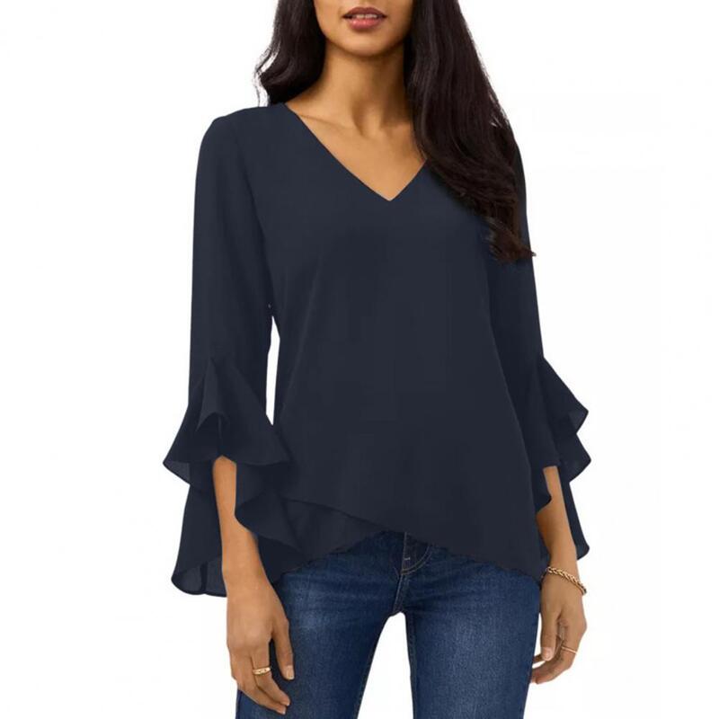 Solid Color Trumpet Sleeve Shirt Soft Breathable V Neck Women's Spring Summer Top with Irregular Three Quarter for Ladies