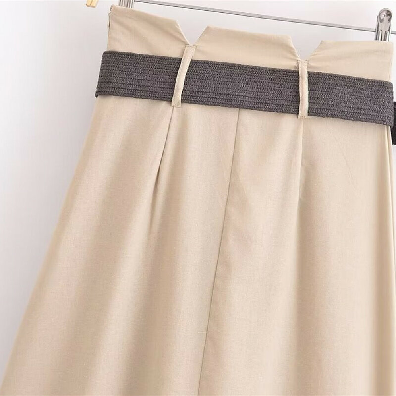 BSK & TRAF Women's 2024 Summer New High Waist A-Line Long Skirt Pleated Design Belted Linen Blended Midi Skirt 2157051