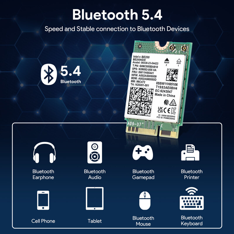Edup Wifi7 Intel Be200 Netwerkkaart 8774Mbps Wifi Adapter Bluetooth 5.4 Tri Band 2.4G/5G/6Ghz Be200ngw M.2 Ngff Draadloze Adapter