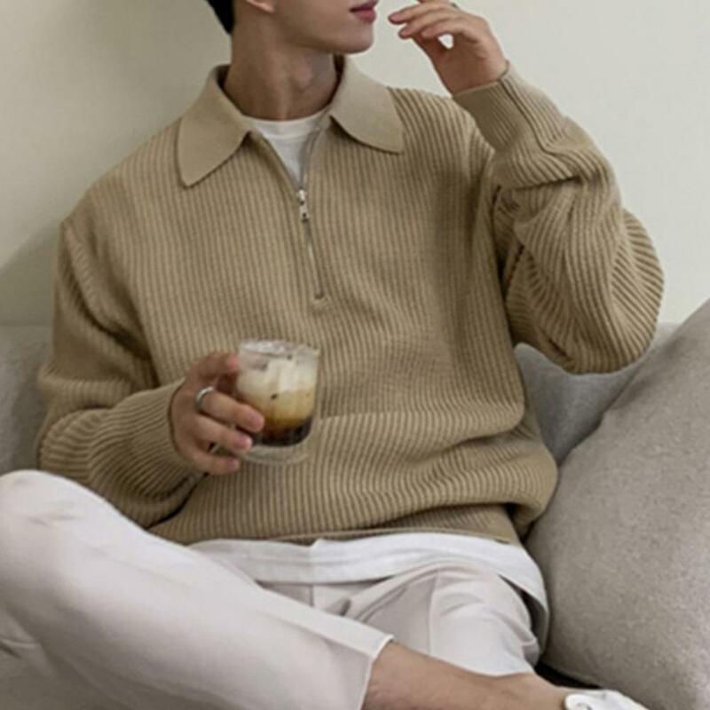 Suéter de malha de manga comprida masculino, lapela, comprimento médio, macio, quente, pulôver casual, blusa elegante, outono, inverno