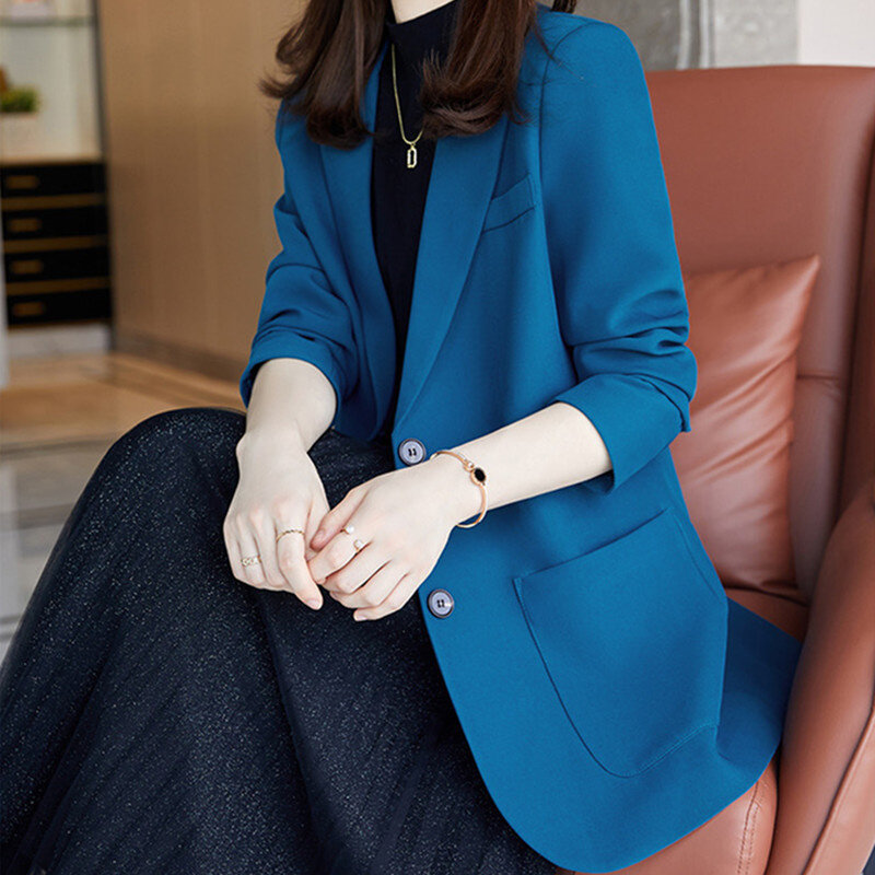 Blazers coreanos elegantes para mujer, chaquetas holgadas con bolsillos de un solo pecho, traje de oficina para mujer, Tops para mujer 2023