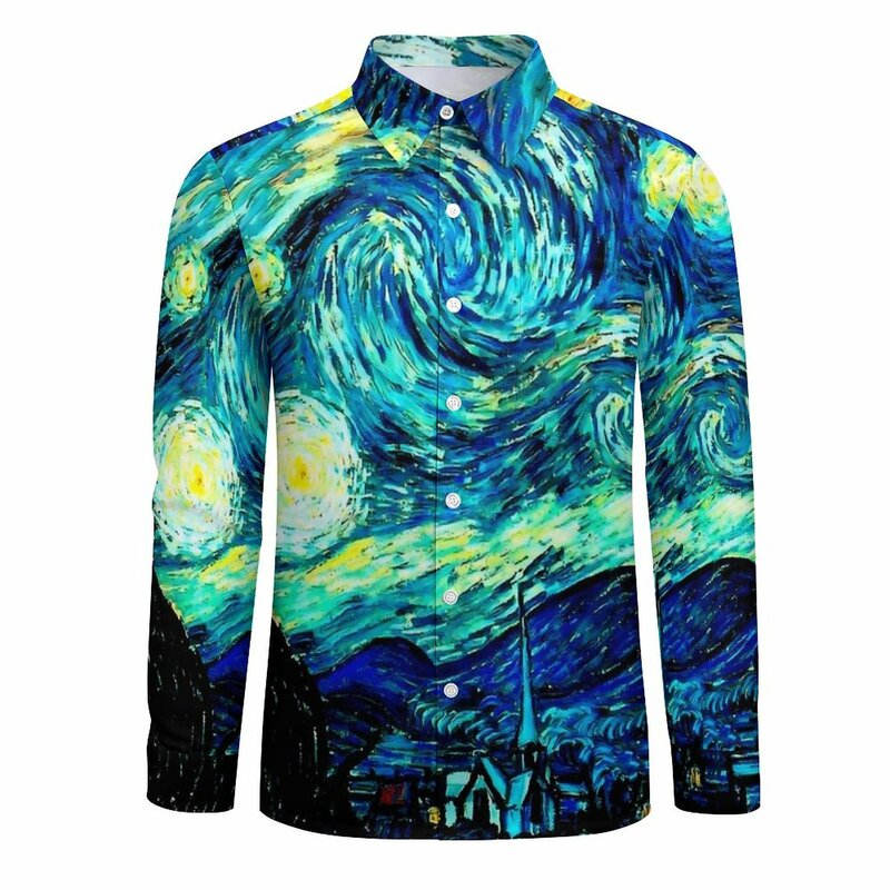 Camicia maschile notte stellata famosa pittura camicie Casual manica lunga Vincent Van Gogh Street camicette autunno elegante top Oversize