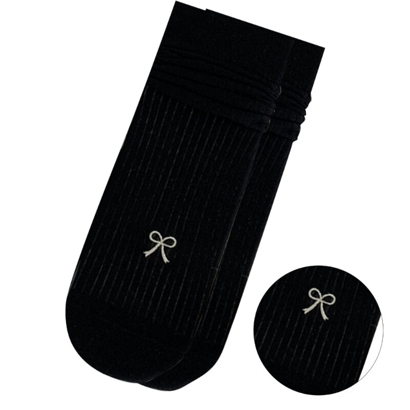 Women French Cotton Socks Sweet Embroidered Bowknot Slouch Calf Socks