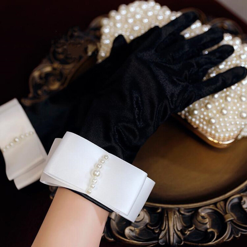 Kobiety czarna księżniczka w stylu Retro sesja zdjęciowa Cosplay kolacja perła na przyjęcie dekoracja satynowe rękawiczki występ na scenie etykieta