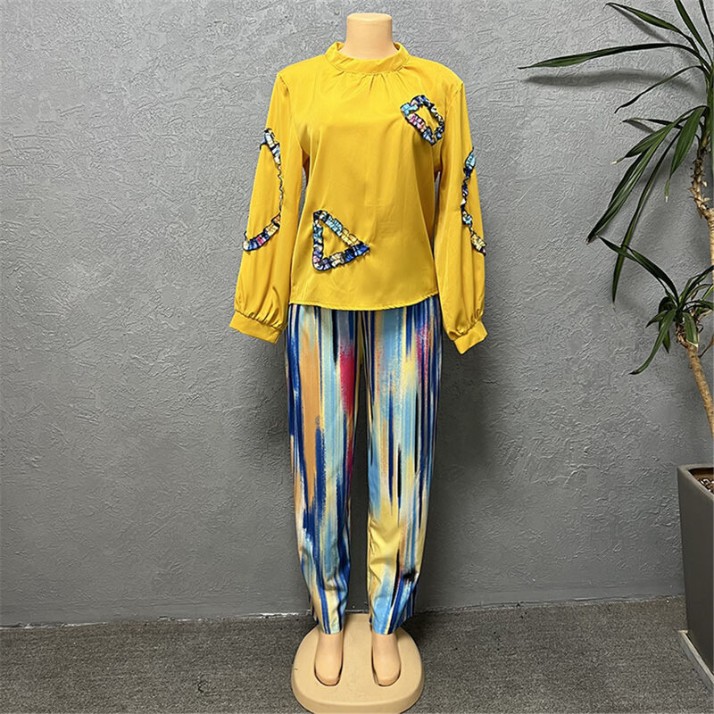 Printed Shirt with Elastic Trousers Casual Suit Basic Women Plus Size Women 2562