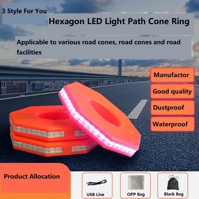 Recordable And Playable HexagonLighting Path Cone Ring Roadblock Safety LED Warning Light For Reflective Cones