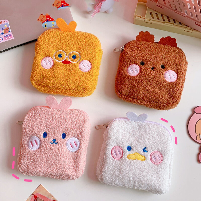 Mini Women Toiletry Pouch Cute Portable Cartoon Cosmetic Bags Sanitary Napkin Bags Plush Rabbit Bear Purse Zipper Coin Wallet