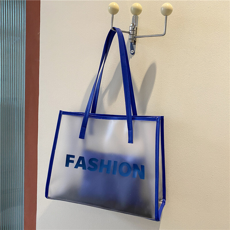 새로운 대용량 숙녀 편지 인쇄 토트 백 PVC 여성 핸드백 어깨 가방 패션 투명 비치 쇼핑 가방, 패션 쇼핑 가방