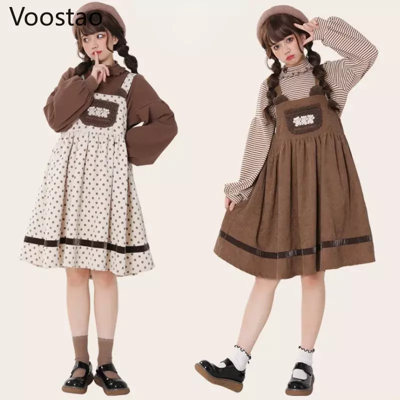 Vestido Vintage Lolita JSK feminino, vestidos soltos de veludo, bordado de urso, bolso de pelúcia, outono, inverno, doce, meninas