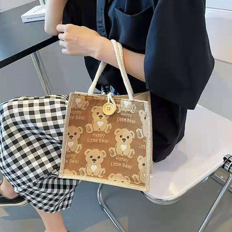 1PC Cute Bear Linen Tote Bag Female Outing Hand Bag Ins Japanese Small Student Shoulder Bag Handbag Shopping Bag