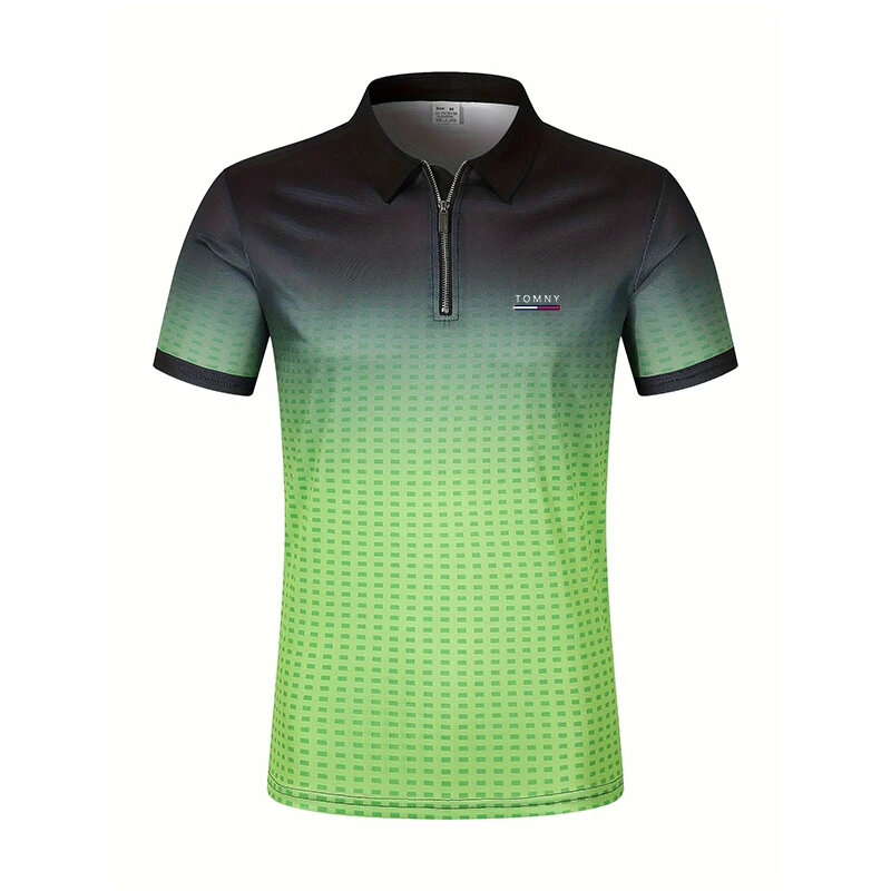 TOMNY-Camisa polo respirável com zíper para homens, alta qualidade, impressão gradiente, esportes, verão, novo, moda, 2022