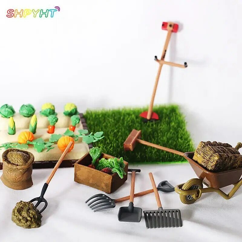 Herramienta de granja en miniatura para casa de muñecas, pala de jardinería, rastrillo, cortacésped, modelo de verduras, herramienta de escena de plantación al aire libre, 1 Juego