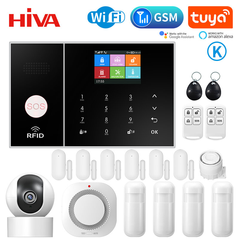 HIVA Security GSM WiFi Alarm System for Home Office Tuya SmartLife APP Control with Door and PIR Sensor work with Alexa
