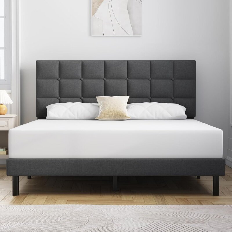 Molblly Queen Bed Frame Upholstered Platform with Headboard and Strong Wooden Slats,Non-Slip and Noise-Free,No Box Spring Needed