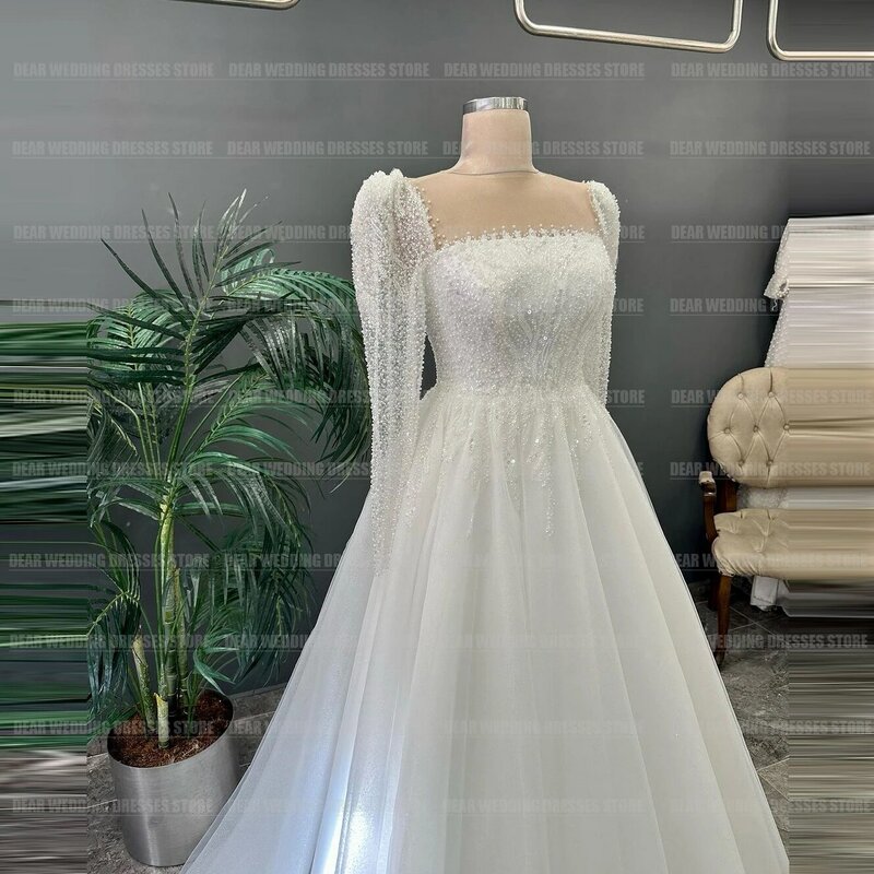 Simple Gentle Beads A Line Wedding Dresses For Women 2024 Sexy Square Collar Lace Tulle Sequined Bridal Gowns Backless Vestidos