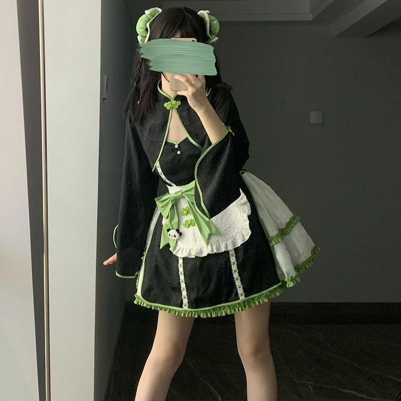 Zielona różowa śliczna sukienka Lolita chińska pokojówka w stylu Panda jsk garnitur Party codzienna sukienka Lolita Bowknot średniowieczna sukienka Kawaii szykowna sukienka
