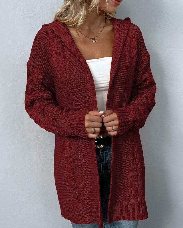 Cardigan monocromático com capuz feminino, suéter de manga comprida, casaco com gola v, macacões casuais, roupas de malha, outono 2023