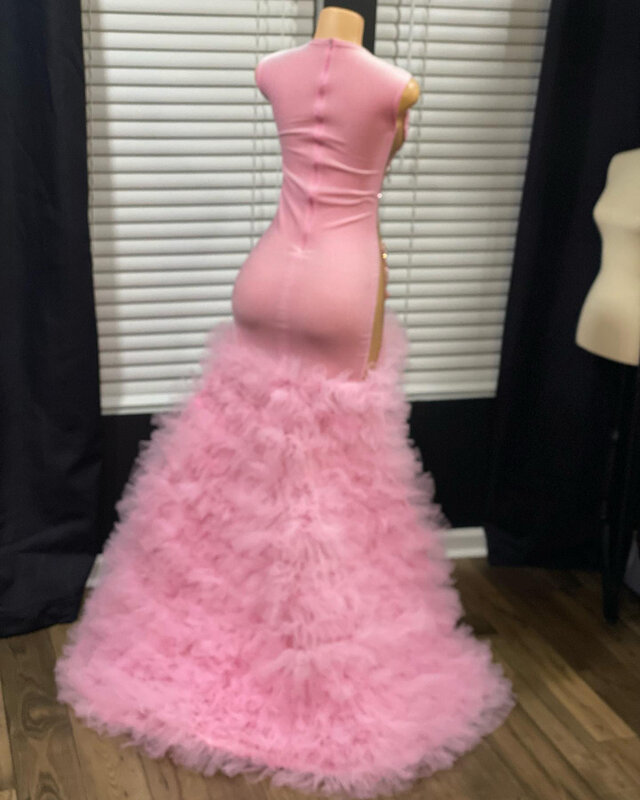 Vestido de baile formal com fenda lateral, malha pura sexy, babados de cristal rosa e preto, vestido de baile de aniversário feminino, luxo e formal, 2024