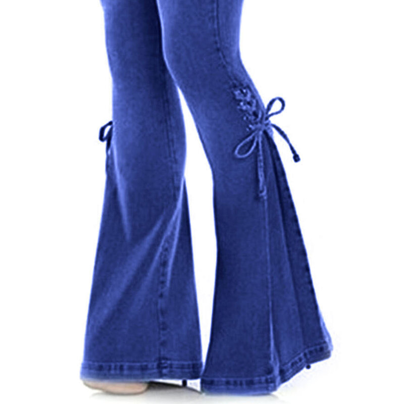 Pantalones acampanados elásticos de cintura media para mujer, vaqueros de mezclilla ajustados de pierna ancha, pantalones informales de estilo coreano ajustados con bolsillo inferior de campana