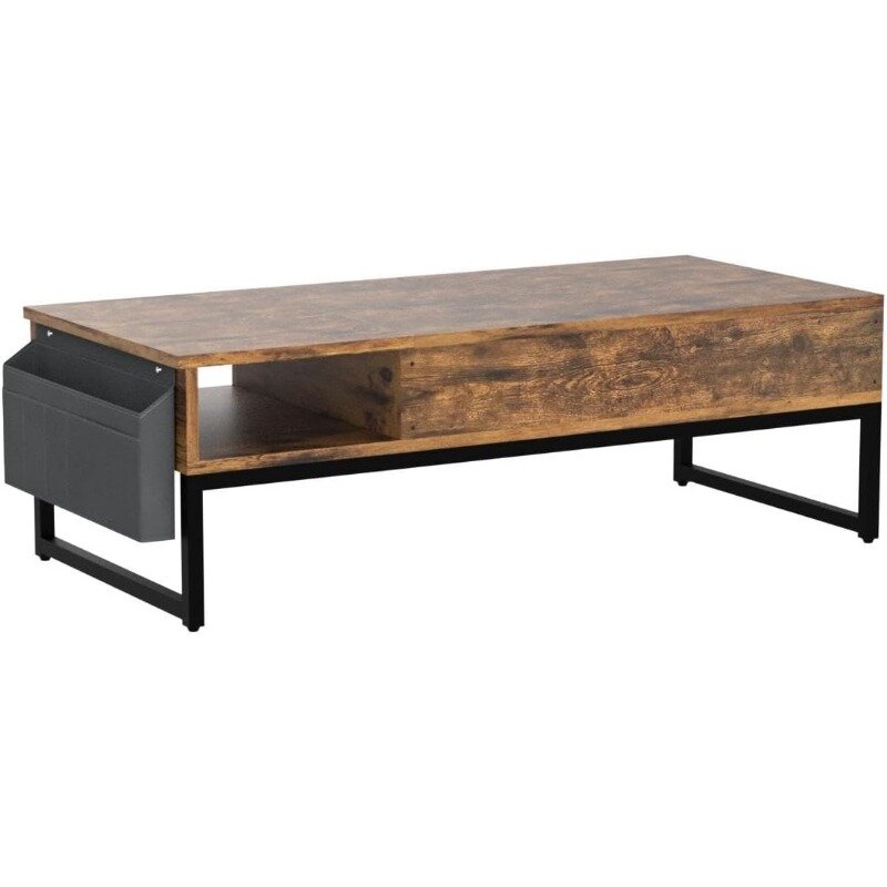 Журнальный столик с подъемной крышкой, журнальный столик с деревянной подъемной крышкой и металлической рамой, столик 43,3 дюйма с боковым мешочком для коктейлей