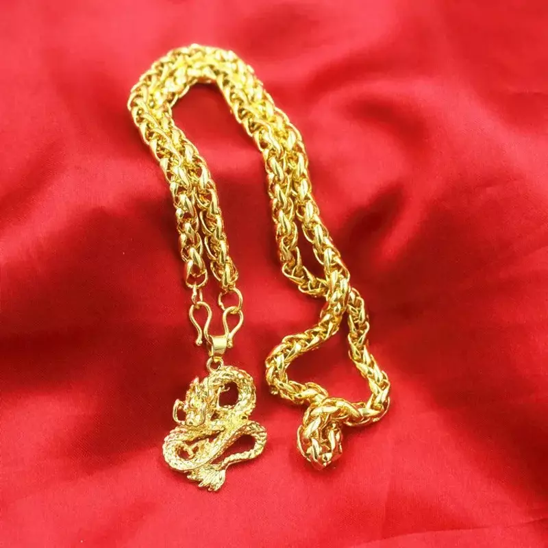 Imitation 24K 100% Real Gold Boss Necklace Men's Verbena Chain with Guanyin Dragon Brand Guan Gong Pendant Pure Gold Jewelry