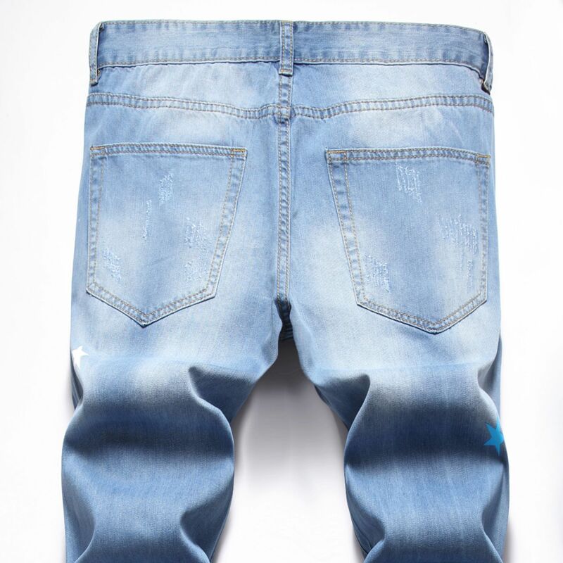 Jeans hipster à imprimé numérique pour hommes, 4 étoiles déchirées, petit jean à jambe droite, Hip Hop West Coast