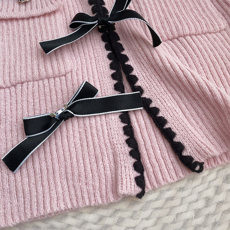 Miiiix Design ispirato papillon Clip Cardigan lavorato a maglia con scollo a v per donna 2024 autunno/inverno nuovo Top corto coreano a maniche lunghe