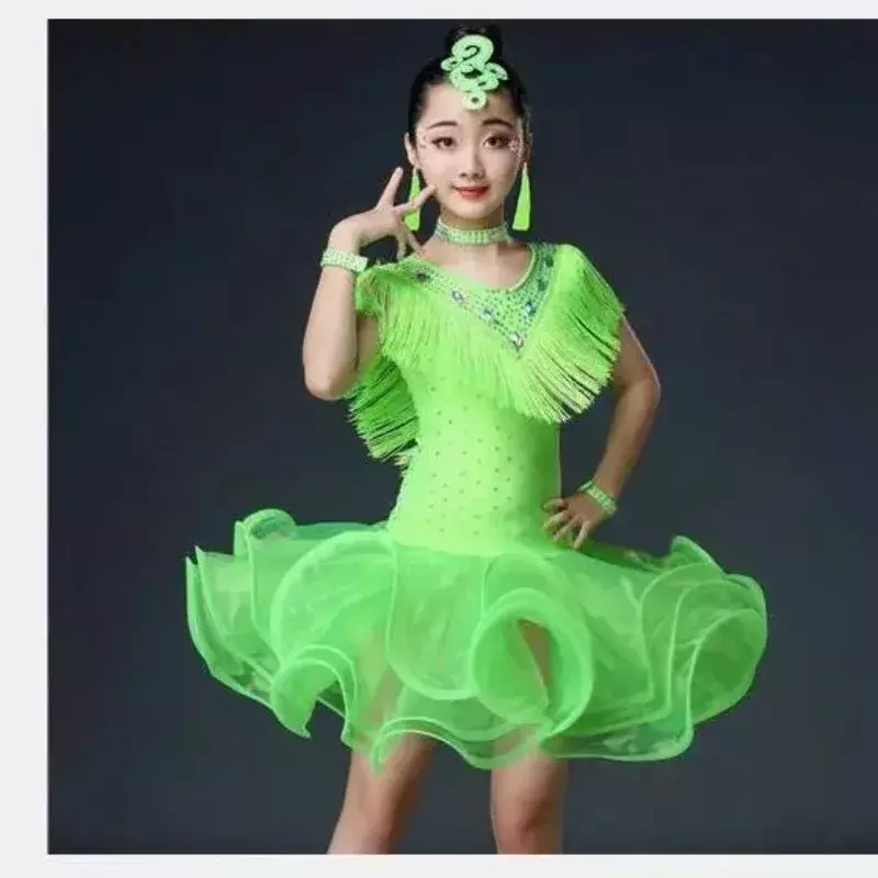 1 teile/los Kinder Organza Quaste Latin Kleid Mädchen Strass Latin Tango Rumba Samba Kostüm