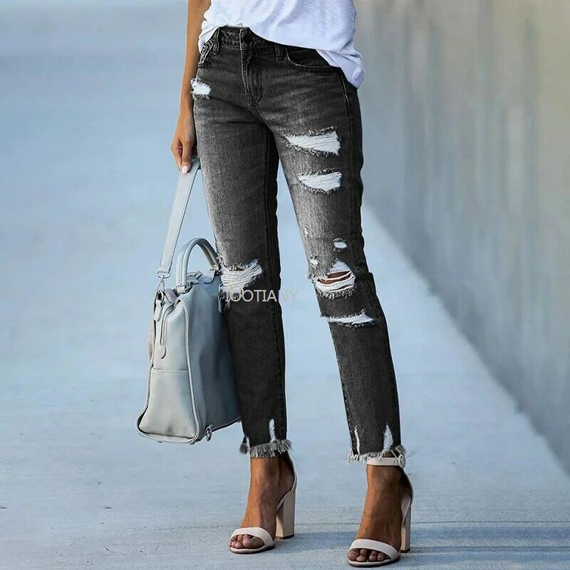 Nowe, znoszone obcisłe dżinsy z frędzlami spodnie ołówkowe zgrane Slim Fit z wysokim stanem w stylu Vintage Streetwear Casual Fashion Stretch Blue Jeans