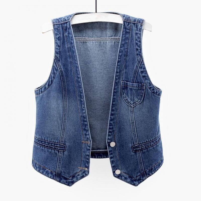Women Long-sleeved Jacket Vintage Denim Vest with V Neck Double Buttons for Women Hop Streetwear Waistcoat for Fall Spring
