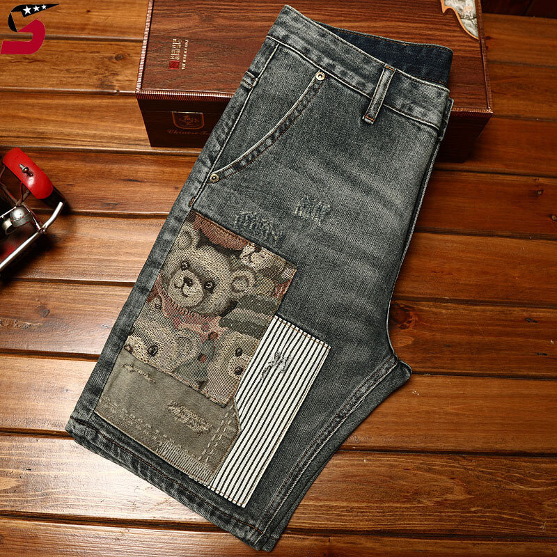 Мужские джинсовые шорты с вышивкой, облегающие эластичные повседневные укороченные брюки в Корейском стиле, лето 2024