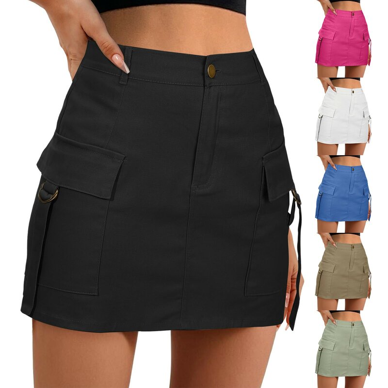 Saia de cintura baixa feminina com botão, mini saia linha A com bolso, metálica, casual