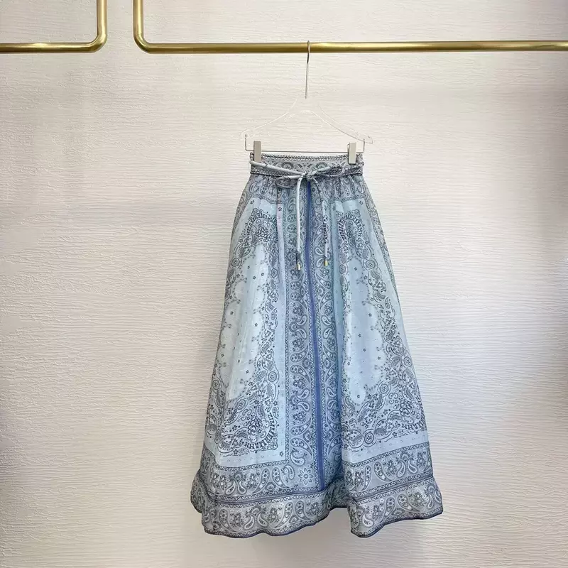Blusa de manga curta vintage feminina e conjunto de saia midi, roupas com estampa floral azul claro, moda natalícia, novo, 3 peças, 2024