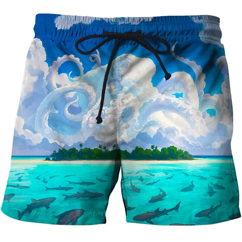 กางเกงว่ายน้ำฮาราจูกุกางเกงขาสั้นชายหาดพิมพ์ลายทาง3D ใหม่สำหรับผู้ชายแฟชั่นสุดเท่แนวสตรีทแวร์