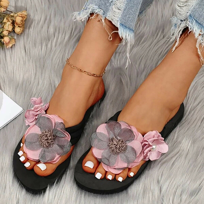 Sandálias de verão para mulheres, cor sólida, dedo do pé aberto, flor, boêmio, casual, deslizamento, confortável, alça