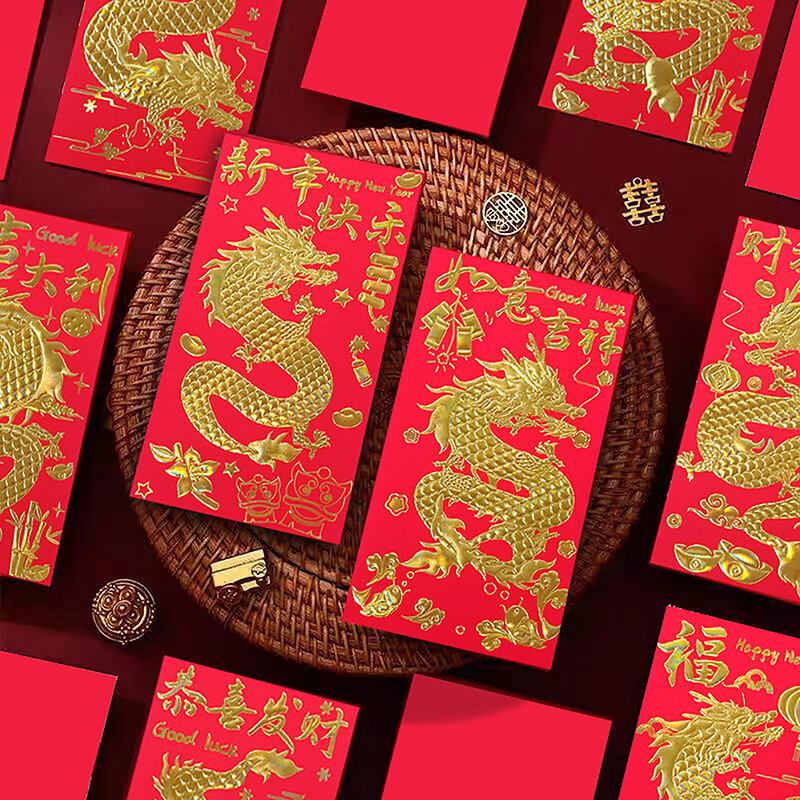 Envelopes estilo chinês com padrão bonito do dragão, pacote vermelho, ano novo, bolsa chinesa, presente, saco de dinheiro da sorte, decoração, 6 peças, 2024