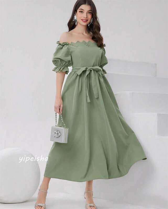 Prom Dress Evening Saudi Arabia Jersey Draped Pleat Ruched Party A-line Off-the-shoulder Bespoke Occasion Gown Midi Dresses