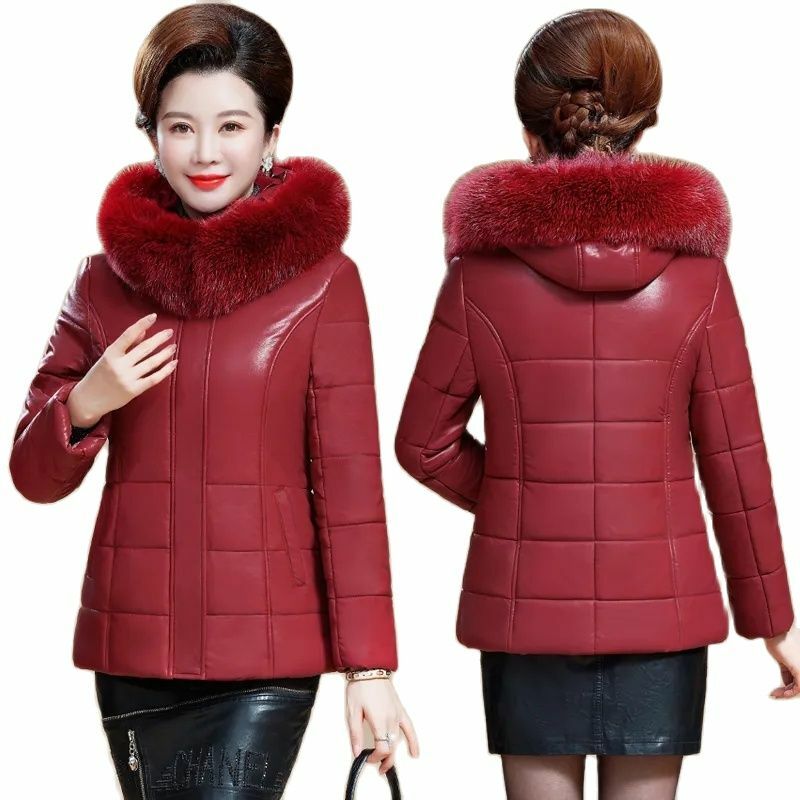 Middle AAAged Women's Leather Jacket Winter New Thicken Warm Leather Coat Short Hooded Female Parkas Fur CollarOuterwear Ladies
