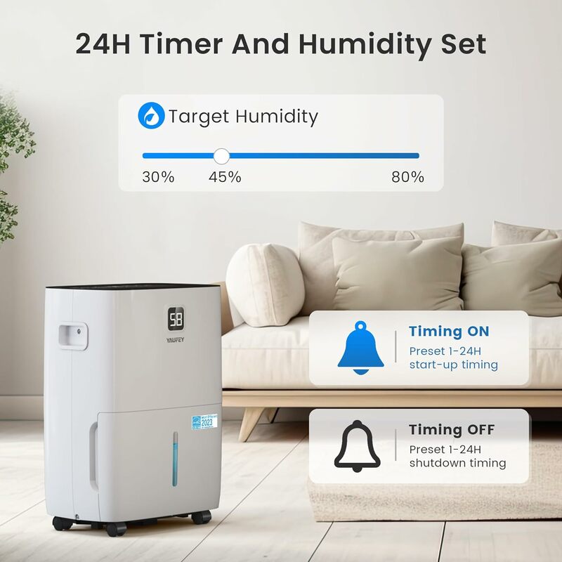 Yaufey 120 Pints Energy Star Dehumidifier for Basement, Home and Room up to 6000 Sq. Ft., with Drain Hose, Timer, Intelligent