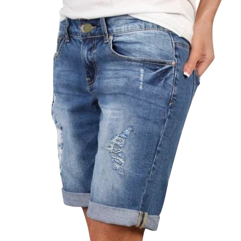 Damen Shorts Sommer lässig vielseitige Jeans Mittel hose Streetwear Mode hohe Taille gerade Loch brechen Jeans shorts