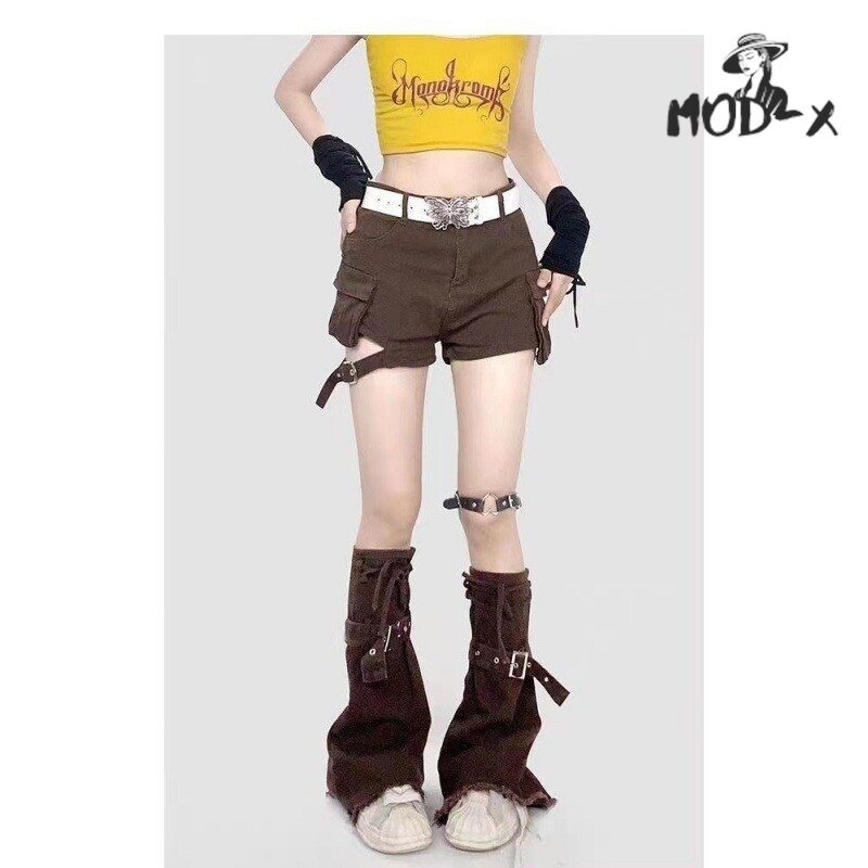 Amerykańska moda Vintage MODX Spice Girls brązowe kowbojskie ocieplacze na nogi kobiety mopujące spodnie do kolan skarpety do połowy uda nowe