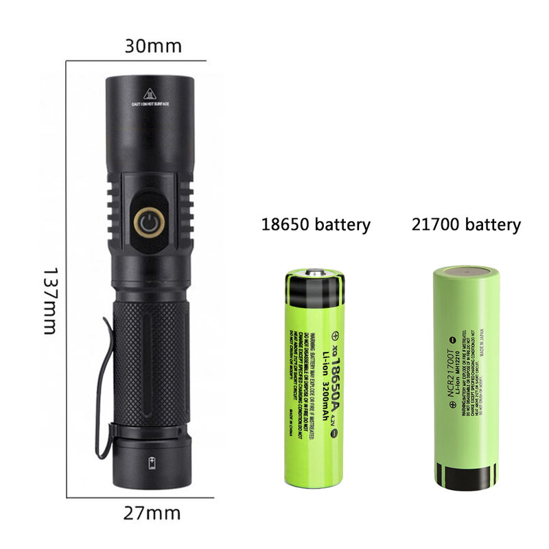 Heinast S006 Powerful Tactical LED Flashlight 18650 or 21700 Battery XPL 2000lm Torch Light Lamp with Pen Clip Power Indicator