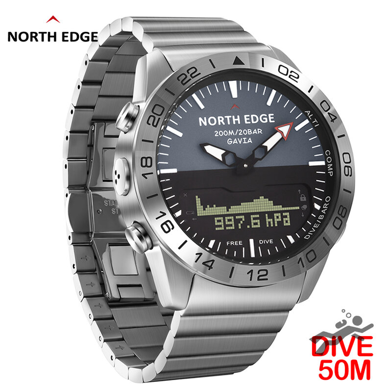 ผู้ชายกีฬาดำน้ำ Jam Tangan Digital นาฬิกาผู้ชายสไตล์ทหารกองทัพหรูหราเหล็กเต็มรูปแบบกันน้ำแนวธุรกิจ200M เครื่องวัดระยะสูงเข็มทิศ NORTH EDGE