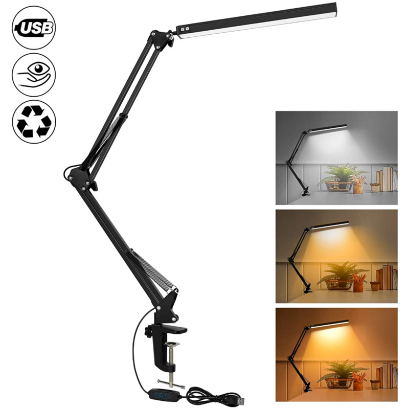 Lâmpada de mesa LED com braçadeira 10W Swing Braço Desk Lamp Eye-Caring Dimmable Desk Light com 10 Brilho Nível, 3 modos de iluminação