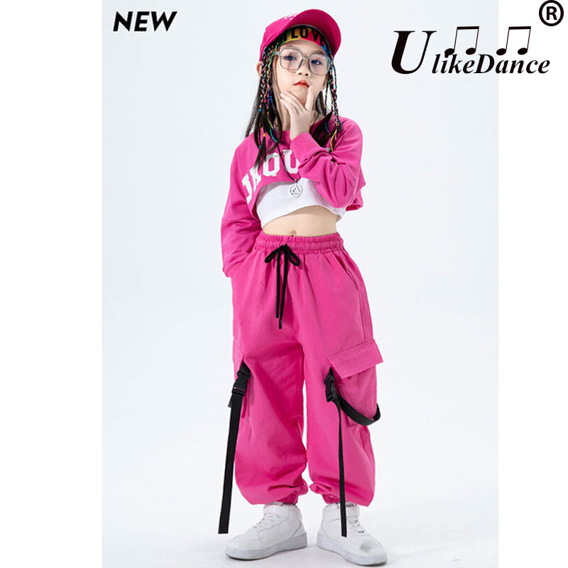 Детский костюм в стиле хип-хоп, комплект для девочек, свитшот, укороченный топ, рубашка с длинным рукавом, брюки-карго, одежда для уличного танца