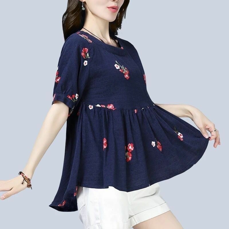 Commute Fashion Embroidery Blouse Folk Summer Short Sleeve Female Clothing Basic Round Neck Casual Loose Waist Irregular Shirt