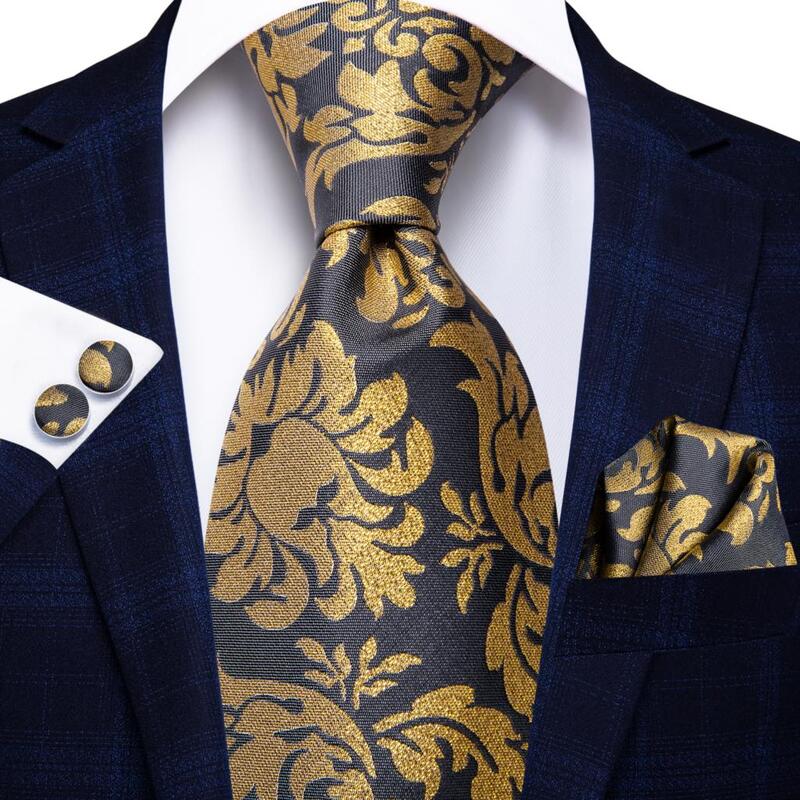 Gold Grey Floral 2023 New Elegant Men's Ties Hanky Cufflinks Silk Neckties For Men Wedding Party Business Fashion Brand Hi-Tie