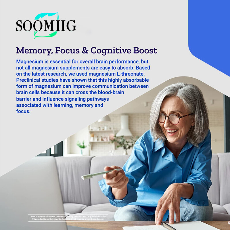 SOOMIIG-نيرو ماج المغنيسيوم L-ثلاثة ، صحة الدماغ ، الذاكرة والتركيز ، غير المعدلة وراثيا ، نباتي ، غير المعدلة وراثيا
