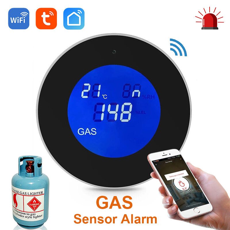 Fungsi WiFi Tuya aplikasi pintar Alarm Gas alami Sensor mudah terbakar detektor kebocoran Gas suhu tampilan Digital LCD sirene suara