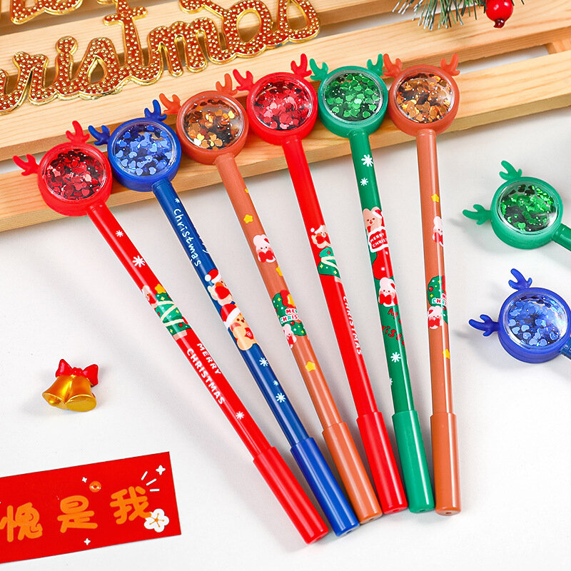 Christmas Elk Sequins Gel Pen Cute Kawaii Multicolored Pen For Kids School Writing Supplies Stationery Office Stationery Gifts